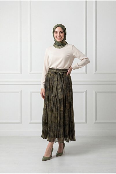 MİHRA STORE Φούστα σιφόν με αλάσπεδο σχέδιο Eftelya Alaca - BN4649 Χακί