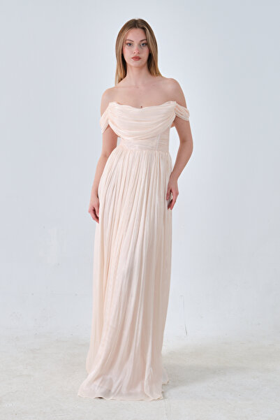 Feminist Drape Yaka Detaylı Şifon Straplez Abiye Gold 08011861