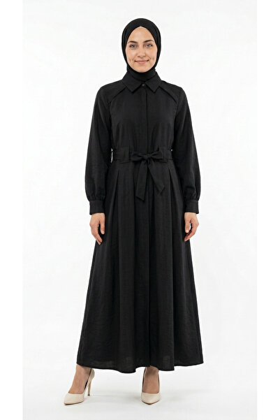MİHRA STORE Φόρεμα Ayliz Boydan με κρυφή πατιλέτα και ζώνη-MF1801.1 Μαύρο