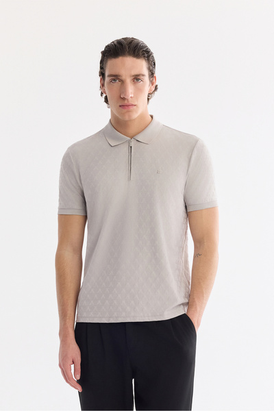 Avva Men's Stone Non-Curling Polo Collar Zippered Regular Fit T-Shirt A61Y1090