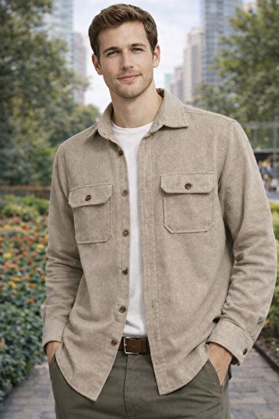 Le Marin Erkek Bej Oduncu Gömlek Cepli Kalın Kumaş