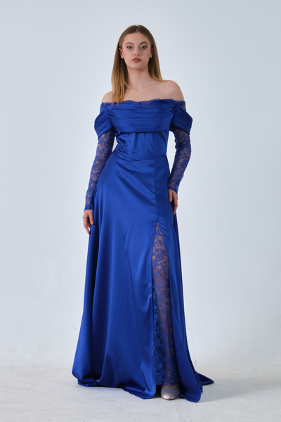 Feminist Kolları Dantel Detaylı Drapeli Abiye Saks 9705561