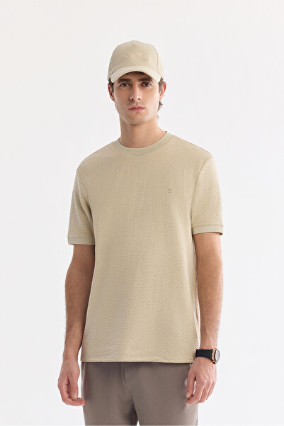 Avva Men's Beige Crew Neck Cotton Pack Elastane Jacquard Regular Fit T-Shirt ...