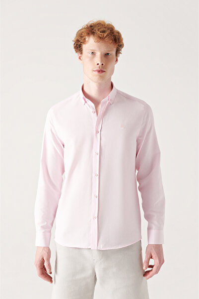 Avva Cămașă Oxford din bumbac, cu guler cu nasturi, roz, ușor de călcat E 002000