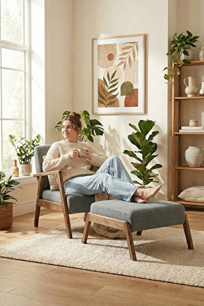 Zem Pavia Çay Seti Ceviz Ahşap ,Gri (1 ADET TEKLİ BERJER 1 ADET PUF) Kafe,ofi...