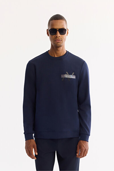 Avva Men's Navy Blue Crew Neck Cotton Bi-Stretch Printed Regular Fit Sweatshi...