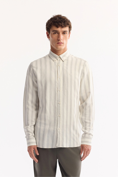 Avva Men's Gray Buttoned Collar Soft Touch Striped Comfort Fit Shirt A52Y2112