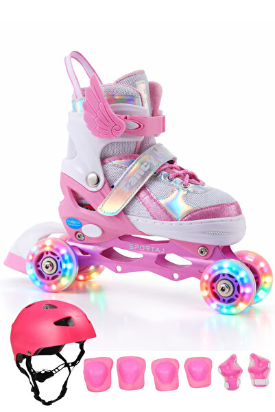 Sportaj Melek Kanatlı Işıklı Çocuk Pateni Kask ve Dizlik Seti Silikon Teker A...