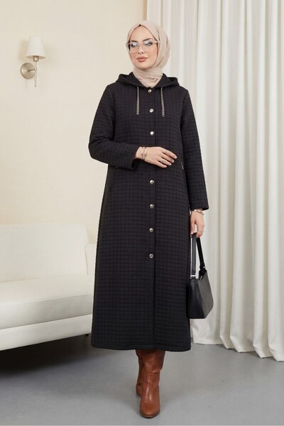 HİJABAYA Yakası Zincir Detaylı Uzun Kapitone Kaban