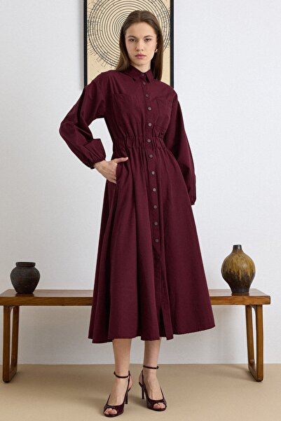 Olcay Rochie cu buzunare cu talie elastică poplin BORDO 9286-E