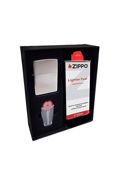 Zippo Çakmak Polish Parlak Gri Hediyelik Benzin Taş Set du10polis