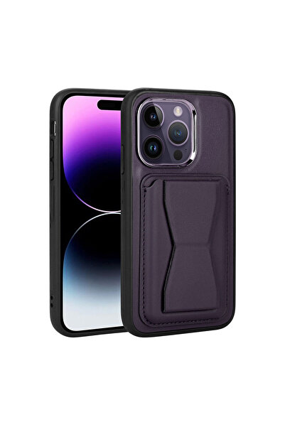 zore حافظة آيفون 14 برو حامل بطاقات قطع مع غطاء ستاند Pu جلد Memo - أرجواني غامق