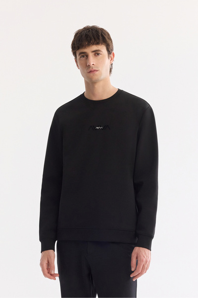 Avva Sweatshirt negru pentru bărbați, cu gât crew, imprimat prin injecție, in...