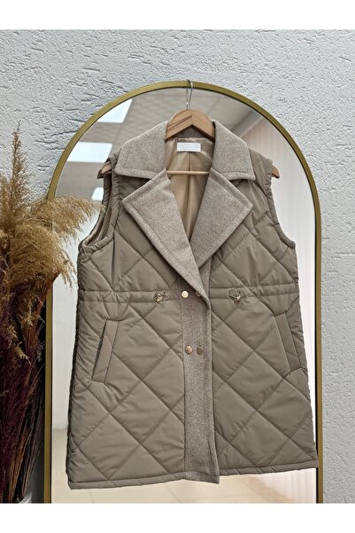 BENAHOLL Esila Baklava Desen Belden Sıkmalı Şişme Yelek-EN2192 Vizon