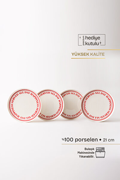 TUSE LIVING Happiness Yazılı 4' lü Porselen Pasta Tabağı 21 cm - Kırmızı Kırmızı