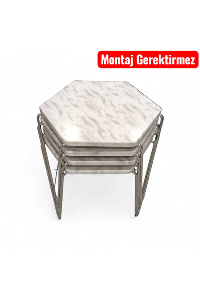 Ege Halı Mermer Desenli 4 Lü Üstü Mdf Içi Dolgu Demirli Petek Zigon Sehpa