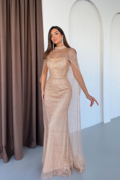 Feminist Üzeri Şal Detaylı Simli ve Boncuk İşlemeli Straplez Abiye Gold 0801153