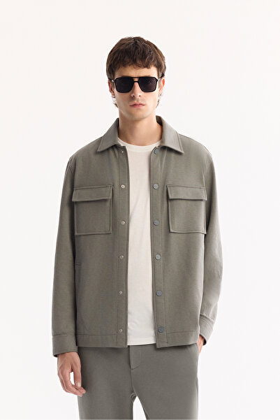 Avva Мъжка сиво-зелена класическа риза с яка от памук, удобна кройка A52Y2092