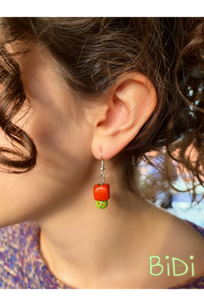 Bidi House Showgirl Earring (Turuncu-Yeşil, Seramik-Cam Küpe)