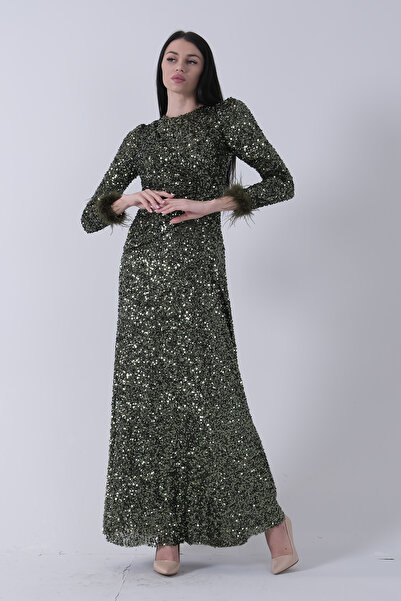 Feminist Bilek Ucu Tüylü Pul Payetli Tesettür Abiye Zümrüt 6502496