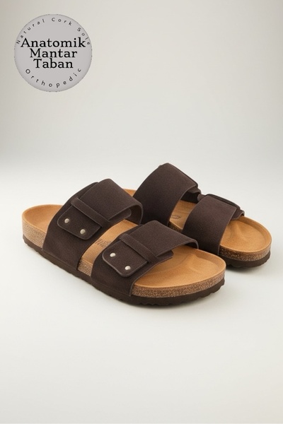 Land of Cork Anatomik Doğal Mantar Taban Hakiki Deri Unisex Süet Terlik