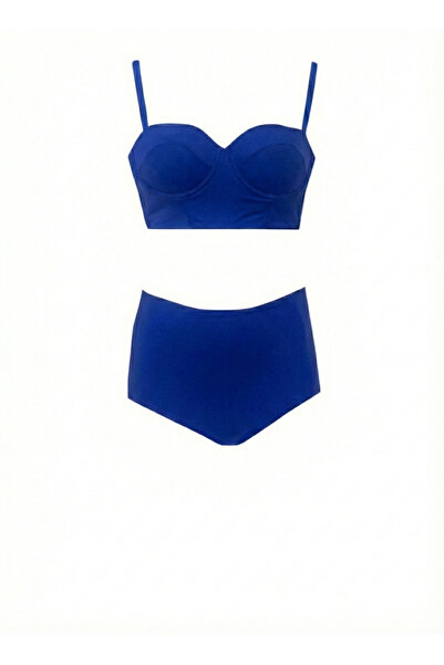 Zi Kadın Saks Mavisi Yüksek Bel Bikini Alt Üst Takım