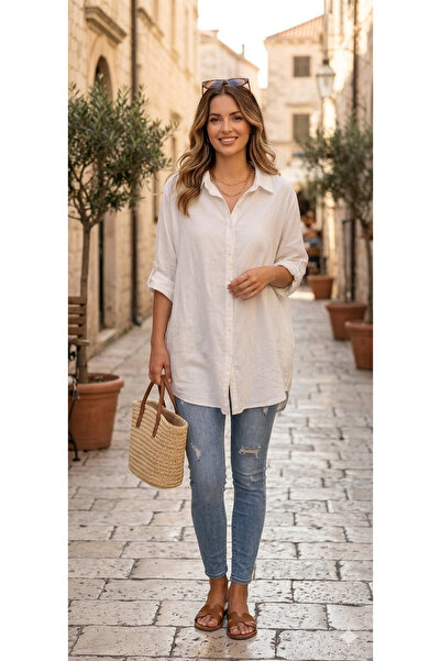 MODA organik keten tavus kuş nakışlıtesettür gömlek