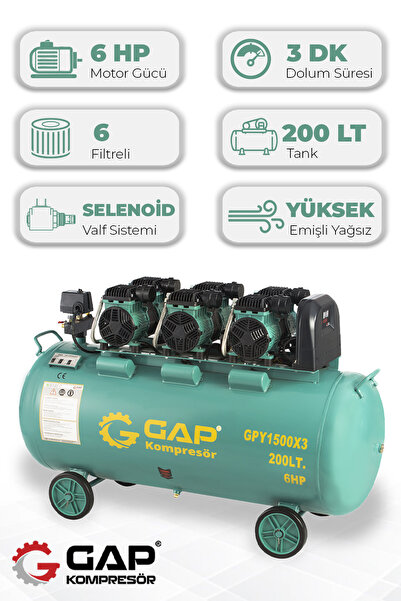 GAP KOMPRESÖR Hava Kompresörü Yüksek Emişli Yağsız Teknoloji 200 lt GPY1500x3...