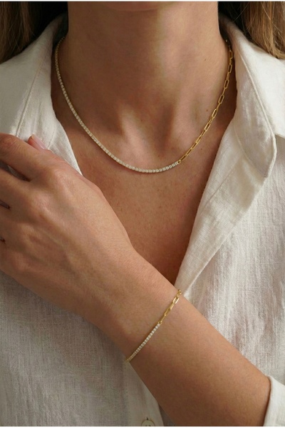 Minon Jewelry Minimal Dual Link Tennis Set 2'li Kolye Bileklik Gold 14K Altın...