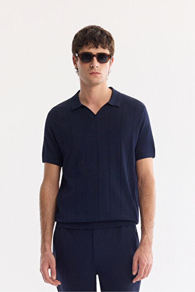 Avva Tricotaj pentru bărbați, albastru marin, cu guler polo, fără nasturi, te...