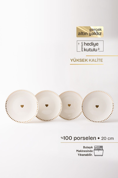 TUSE LIVING Dotted Hearts Gerçek Altın Yaldızlı Kalpli 4' lü Porselen Pasta T...