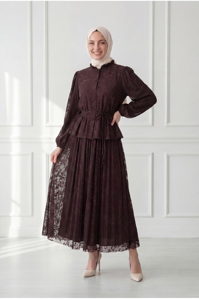 MİHRA STORE Cankız Gömleği Fırfırlı Çıtır Desen Etekli Tül Takım-EN825 Kahve