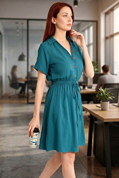 armonika Γυναικείο φόρεμα με κοντομάνικο ελαστικό πετρόλ στη μέση-23y001035