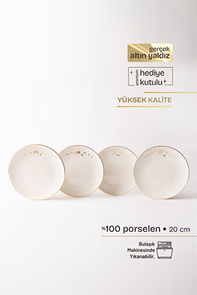 TUSE LIVING Sparkle Gerçek Altın Yaldızlı Yıldız Desenli 4' lü Porselen Pasta...