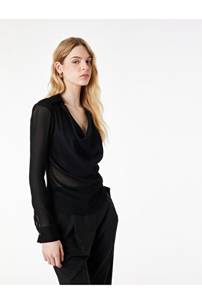 Koton Viscose Blend Long Sleeve Degaje Collar Tulle Blouse