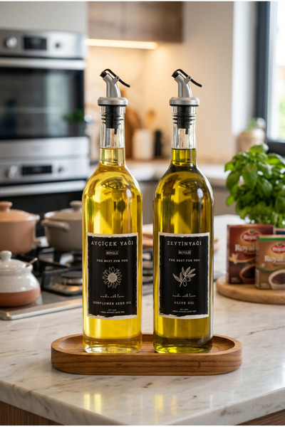 BÜYÜLÜ HOME Ahşap Stantlı 750 ml Şeffaf Cam  Ayçiçek Yağı Zeytinyağı Şisesi