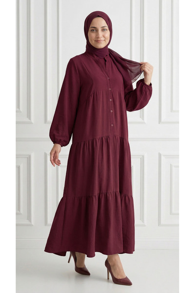 BENAHOLL Bige Yarım Patlı Katkatlı Modal Elbise-PE626 Bordo