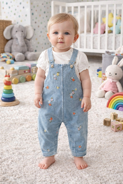 BEBEXO KIDS Colorful Floral Embroidered Denim Look 2-Piece Girls' Salopet Set...