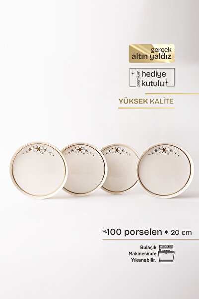 TUSE LIVING Sparkle Gerçek Altın Yaldızlı Yıldız Desenli 4' lü Porselen Pasta...