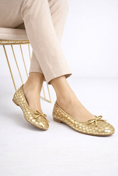 Noliva Women's Gold Faux Leather Textured Knitted Patterned Bowknot Ballerinas