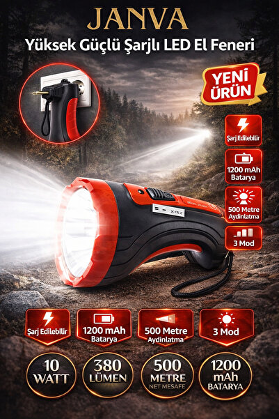 Janva Ultra Güçlü 1 km Menzil El Feneri Şarjlı Prekejtör Kambur Fener Işıldak...