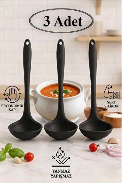 TARIK HOME 28 cm. 3'lü Silikon Çorba Kepçesi Seti - Isıya Dayanıklı Sert Uçlu...