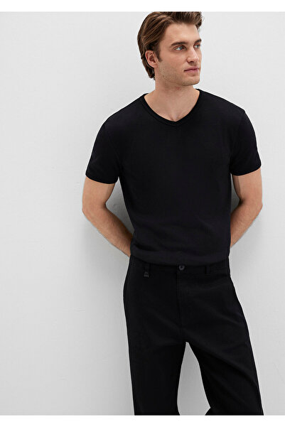 Mavi Tricou negru cu decolteu în V cu nervuri, croială mulată 063748 -900