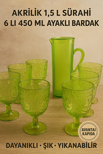 Mustran Pitcher and Glass Set Green Acrylic 1.5 L + 6-Piece 450 ml Stemmed Gl...