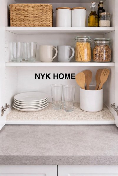 NYK HOME غطاء رفوف، غطاء خزانة من البولي فينيل كلوريد، بدون ثقوب، طبقة علوية شفافة دانتيل 1، مادة عالية الجودة، لون كريمي