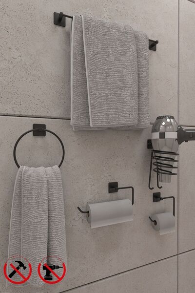 Alper Banyo Kare Siyah 5'li Set, Uzun Havluluk Halka Havluluk, Fön Makinesi Askısı, Solo Havluluk, Tuvalet Kağıtlığı