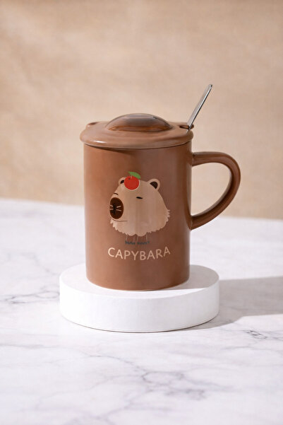 hediyeconcepti كوب سيراميك لطيف على شكل كابيبارا سعة 500 مل مع غطاء وملعقة - ...