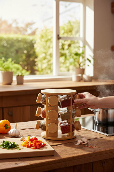 moontime alaçatı Şık ve kullanışlı 12'li bambu döner cam baharatlık seti
