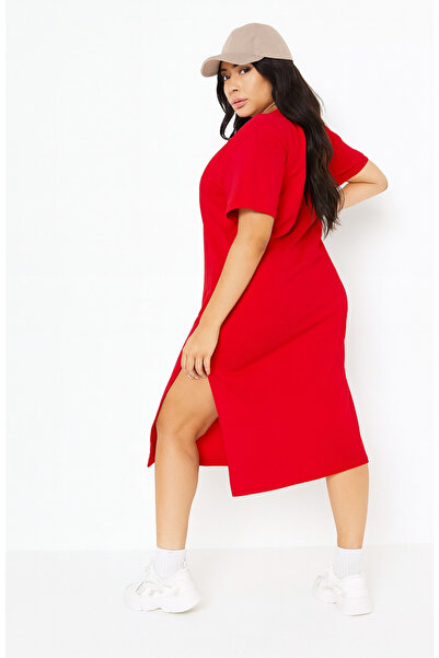 arakan Plus Size Women's Short Sleeve Side Slit Detailed Midi Length Basic Dr...