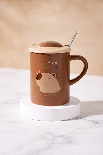 hediyeconcepti 500 ml Cute Capybara Ceramic Mug with Lid and Spoon – 4 Differ...